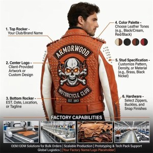 Custom Men's Orange Leather Biker Jacket with Studded & Patchwork Detailing, Skull & Punk Rock