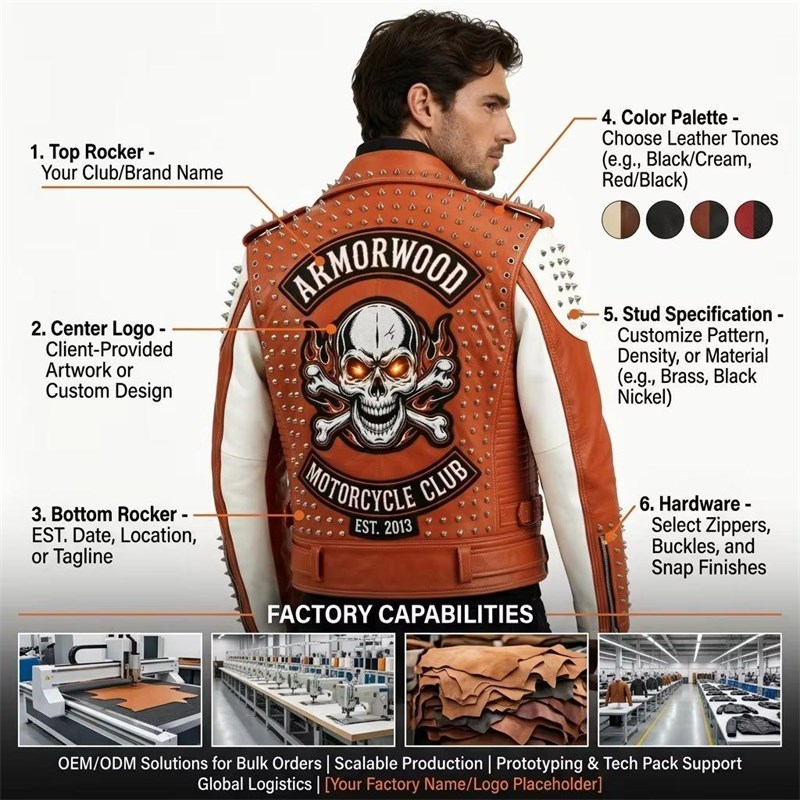 Custom Men's Orange Leather Biker Jacket with Studded & Patchwork Detailing, Skull & Punk Rock