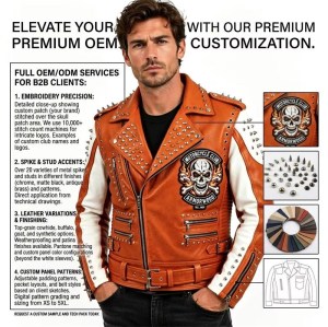 Custom Men's Orange Leather Biker Jacket with Studded & Patchwork Detailing, Skull & Punk Rock