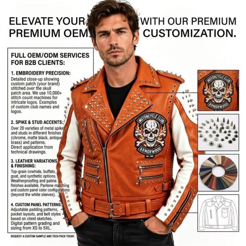 Custom Men's Orange Leather Biker Jacket with Studded & Patchwork Detailing, Skull & Punk Rock