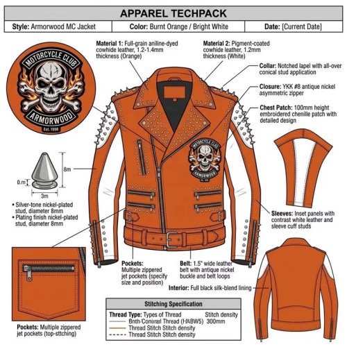 Custom Men's Orange Leather Biker Jacket with Studded & Patchwork Detailing, Skull & Punk Rock