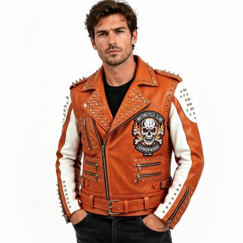 Custom Men's Orange Leather Biker Jacket with Studded & Patchwork Detailing, Skull & Punk Rock