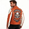 Custom Men's Orange Leather Biker Jacket with Studded & Patchwork Detailing, Skull & Punk Rock