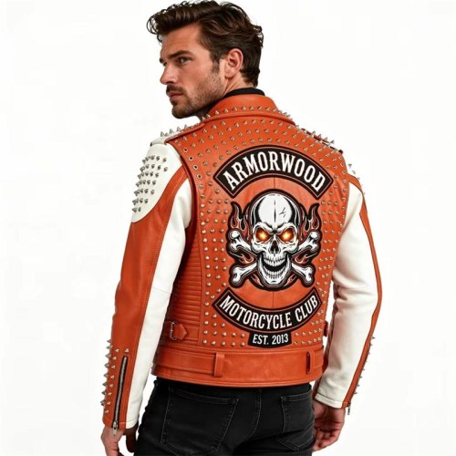 Custom Men's Orange Leather Biker Jacket with Studded & Patchwork Detailing, Skull & Punk Rock
