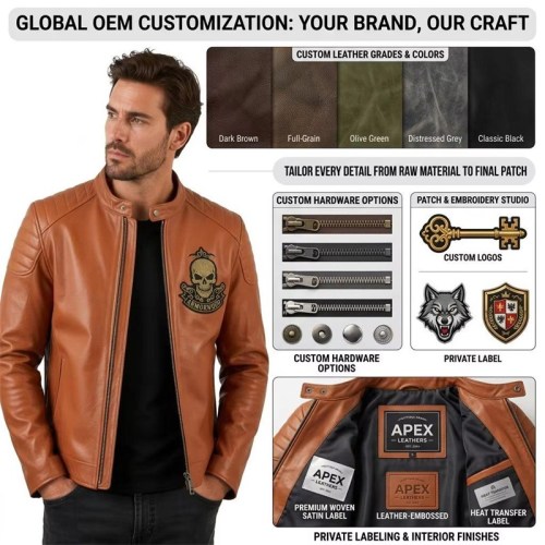 Custom Men's Orange Leather Biker Jacket with Patchwork & Quilted Detailing, Skull & Streetwear