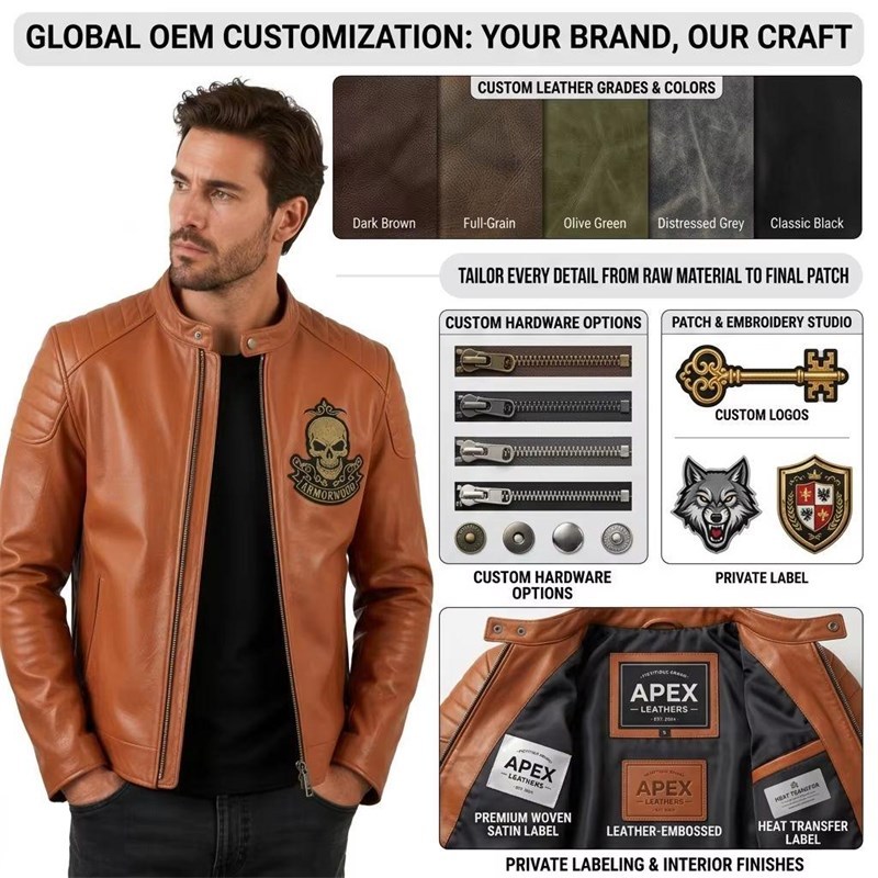 Custom Men's Orange Leather Biker Jacket with Patchwork & Quilted Detailing, Skull & Streetwear