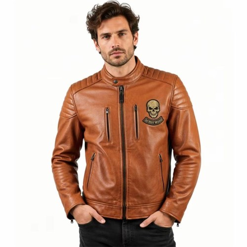 Custom Men's Orange Leather Biker Jacket with Patchwork & Quilted Detailing, Skull & Streetwear