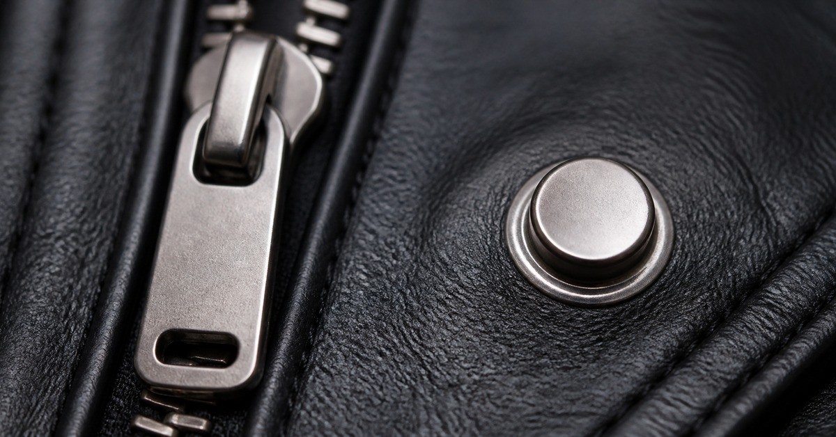 Metal zipper pull and snap fasteners on the front of a black leather jacket