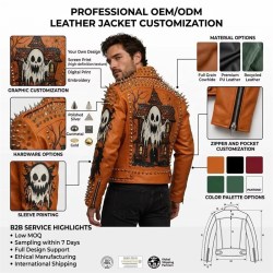 Custom Men's Orange Leather Biker Jacket with Studded & Spiked Detailing