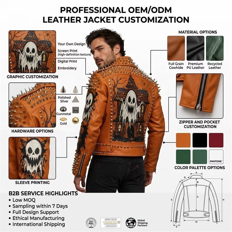 Custom Men's Orange Leather Biker Jacket with Studded & Spiked Detailing