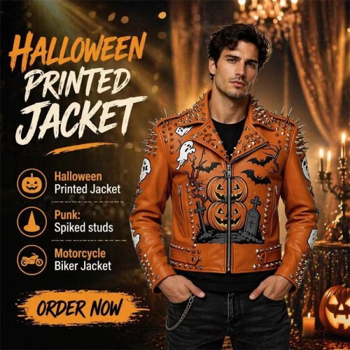 Custom Men's Orange Leather Biker Jacket with Studded & Spiked Detailing