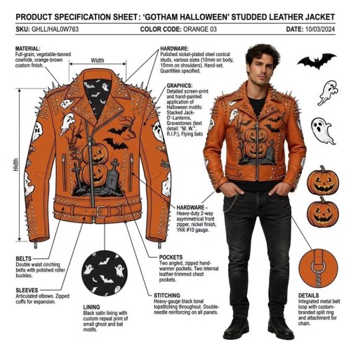 Custom Men's Orange Leather Biker Jacket with Studded & Spiked Detailing