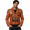 Custom Men's Orange Leather Biker Jacket with Studded & Spiked Detailing