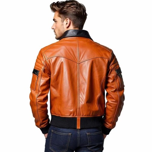 Custom Men's Black & Orange Sheepskin Leather Biker Jacket with Two Tone Detailing