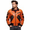 Custom Men's Black & Orange Sheepskin Leather Biker Jacket with Two Tone Detailing