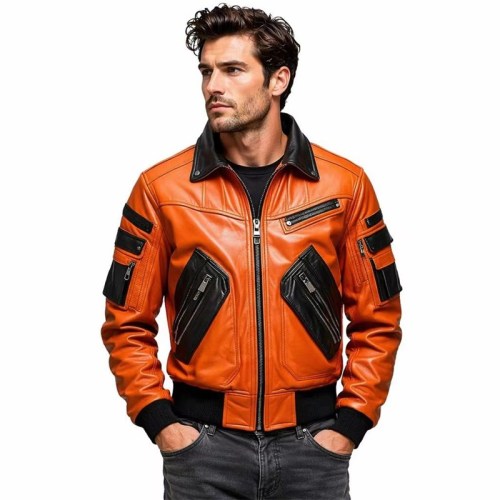 Custom Men's Black & Orange Sheepskin Leather Biker Jacket with Two Tone Detailing