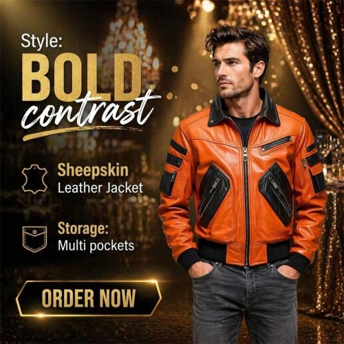 Custom Men's Black & Orange Sheepskin Leather Biker Jacket with Two Tone Detailing
