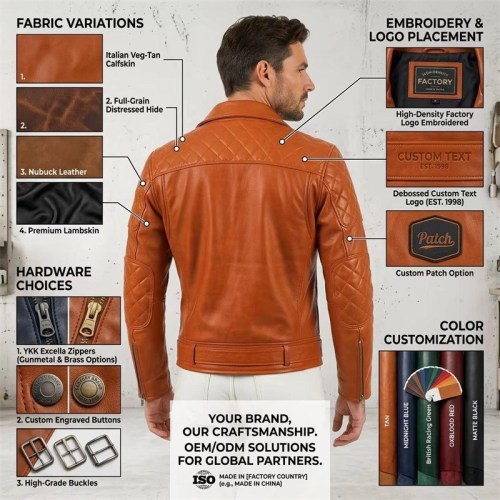 Custom Men's Orange Leather Biker Jacket with Patchwork & Quilted Detailing, Eagle