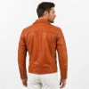 Custom Men's Orange Leather Biker Jacket with Patchwork & Quilted Detailing, Eagle