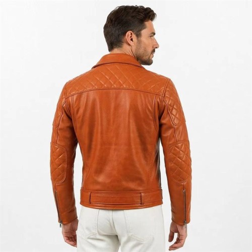 Custom Men's Orange Leather Biker Jacket with Patchwork & Quilted Detailing, Eagle