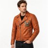 Custom Men's Orange Leather Biker Jacket with Patchwork & Quilted Detailing, Eagle