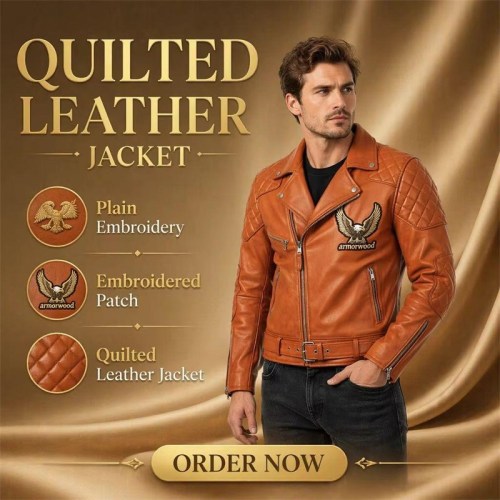 Custom Men's Orange Leather Biker Jacket with Patchwork & Quilted Detailing, Eagle