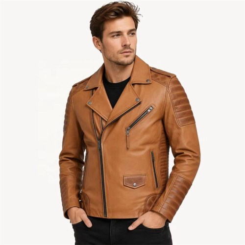 Custom Men's Brown Leather Biker Jacket with Quilted & Distressed Detailing, Vintage
