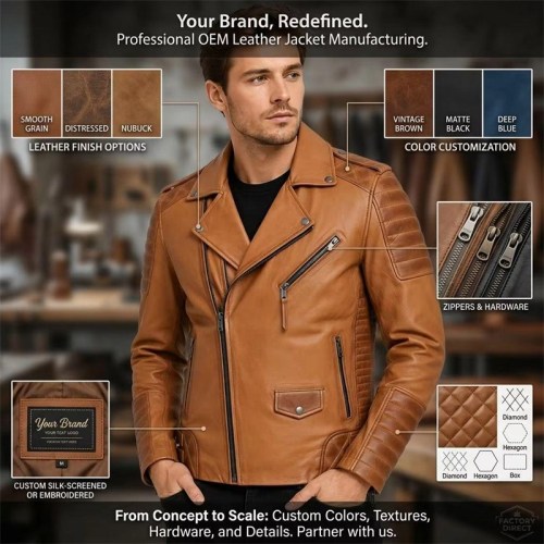 Custom Men's Brown Leather Biker Jacket with Quilted & Distressed Detailing, Vintage