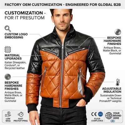 Custom Men's Black & Brown Leather Biker Jacket with Quilted & Two Tone Detailing, Puffer