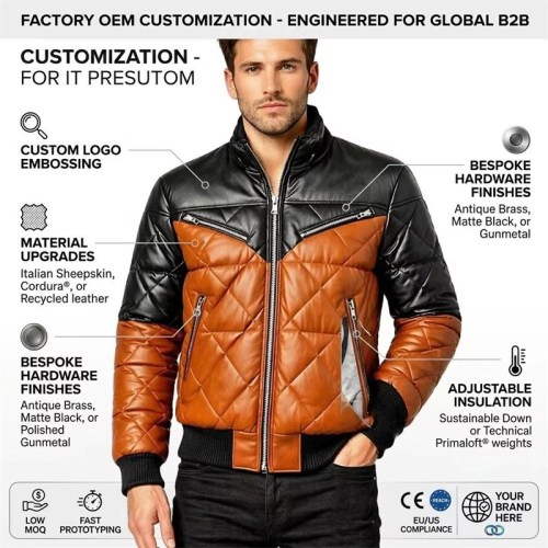 Custom Men's Black & Brown Leather Biker Jacket with Quilted & Two Tone Detailing, Puffer