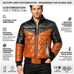 Custom Men's Black & Brown Leather Biker Jacket with Quilted & Two Tone Detailing, Puffer