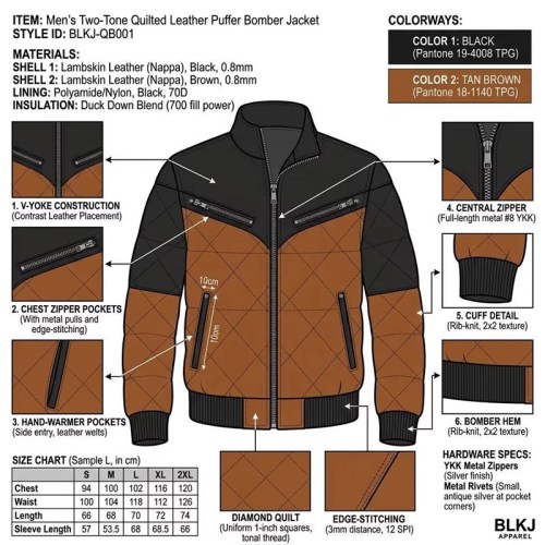 Custom Men's Black & Brown Leather Biker Jacket with Quilted & Two Tone Detailing, Puffer