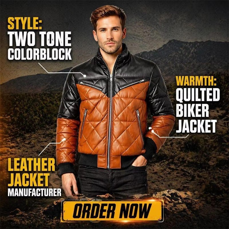 OEM Two Tone Leather Puffer Biker Jacket