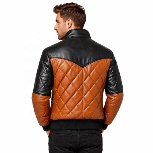 Custom Men's Black & Brown Leather Biker Jacket with Quilted & Two Tone Detailing, Puffer