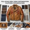 Custom Men's Tan Leather Biker Jacket with Spiked Detailing, Flame & Punk Rock