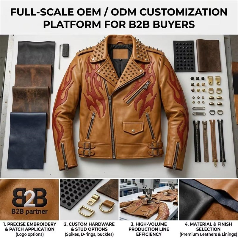 Custom Men's Tan Leather Biker Jacket with Spiked Detailing, Flame & Punk Rock