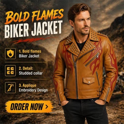 Custom Men's Tan Leather Biker Jacket with Spiked Detailing, Flame & Punk Rock