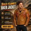 Custom Men's Tan Leather Biker Jacket with Spiked Detailing, Flame & Punk Rock