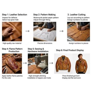 Custom Men's Tan Leather Biker Jacket with Spiked Detailing, Flame & Punk Rock