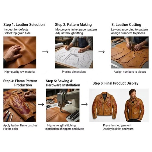 Custom Men's Tan Leather Biker Jacket with Spiked Detailing, Flame & Punk Rock