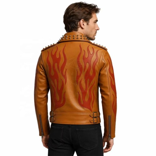 Custom Men's Tan Leather Biker Jacket with Spiked Detailing, Flame & Punk Rock