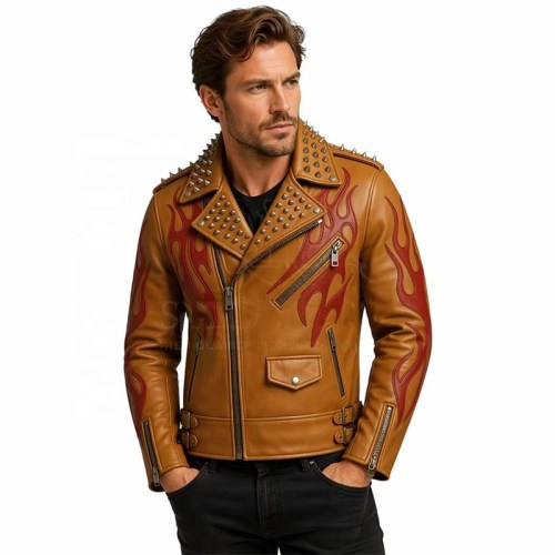 Custom Men's Tan Leather Biker Jacket with Spiked Detailing, Flame & Punk Rock
