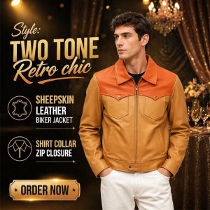 Custom Men's Beige Sheepskin Leather Biker Jacket with Two Tone Detailing