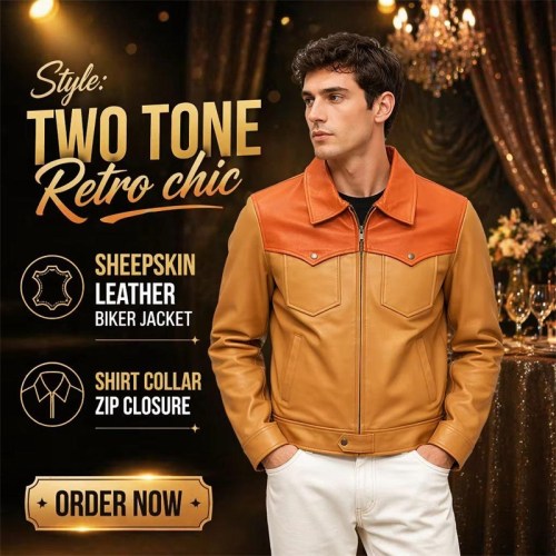 Custom Men's Beige Sheepskin Leather Biker Jacket with Two Tone Detailing