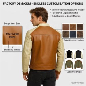 Custom Men's Tan & Cream Leather Biker Jacket with Two Tone Detailing