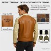 Custom Men's Tan & Cream Leather Biker Jacket with Two Tone Detailing