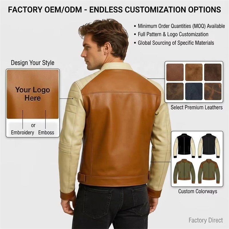 Custom Men's Tan & Cream Leather Biker Jacket with Two Tone Detailing