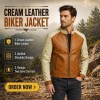 Custom Men's Tan & Cream Leather Biker Jacket with Two Tone Detailing