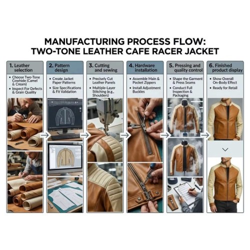 Custom Men's Tan & Cream Leather Biker Jacket with Two Tone Detailing