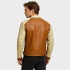 Custom Men's Tan & Cream Leather Biker Jacket with Two Tone Detailing